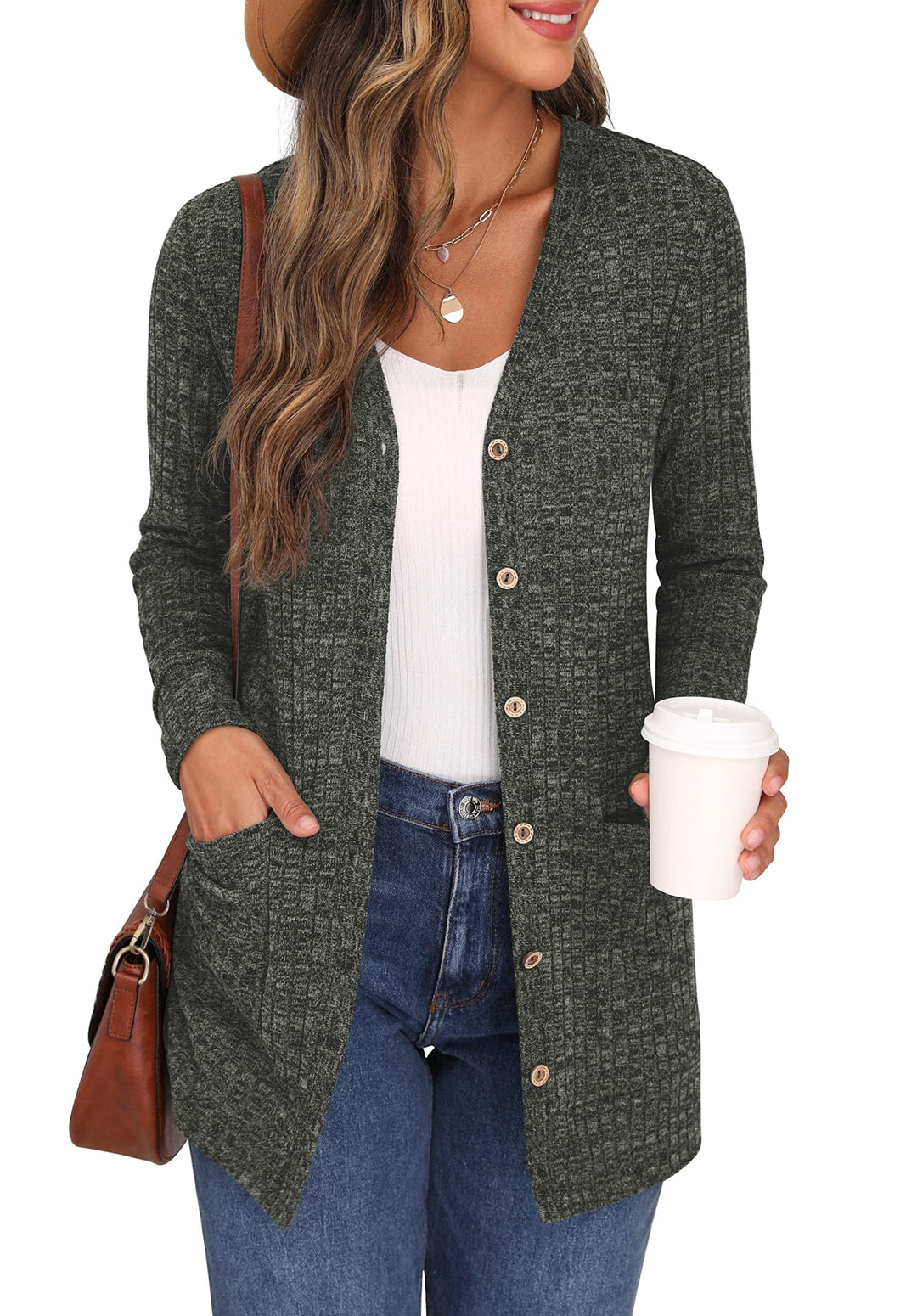 GRECERELLE Damen Leichte Strickjacke Lang mit Taschen und Knöpfen Long Elegant Cardigan V-Ausschnitt