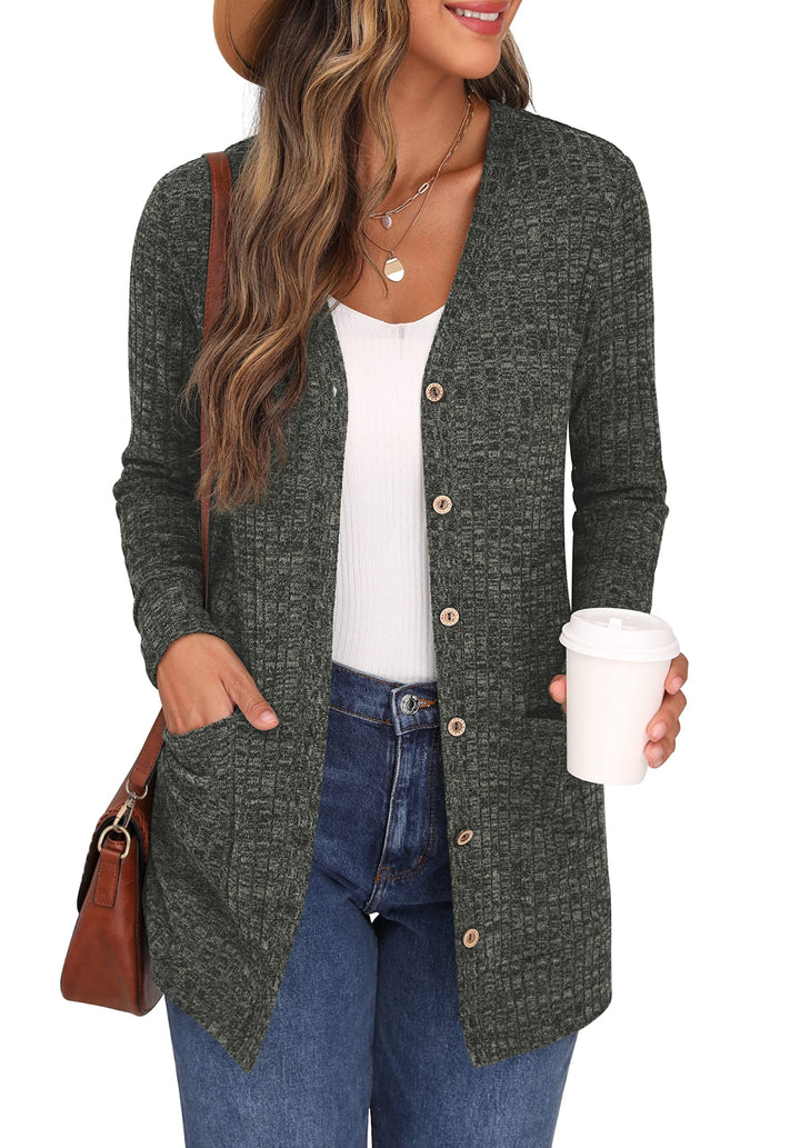 GRECERELLE Damen Leichte Strickjacke Lang mit Taschen und Knöpfen Long Elegant Cardigan V-Ausschnitt