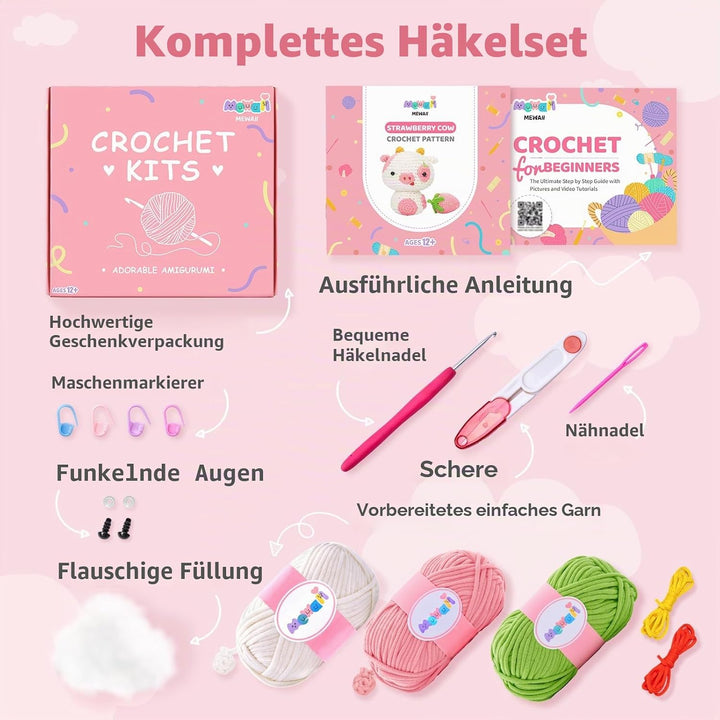 Mewaii Häkelset für Anfänger, Komplettes DIY Set für Erwachsene Häkelnadel Set mit Vorgestartetem Ga