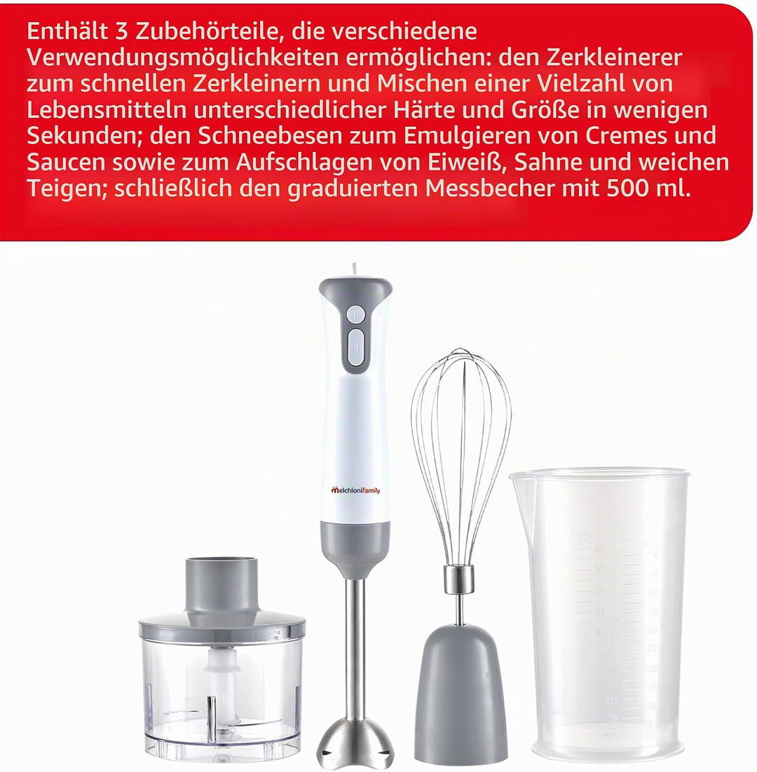 Melchioni Family MIXXXO TRIO, Stabmixer, abnehmbarer Stahlfuss, Mixer mit 2 Geschwindigkeiten, Stahl