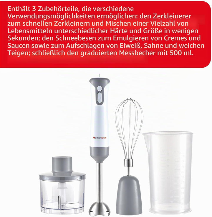 Melchioni Family MIXXXO TRIO, Stabmixer, abnehmbarer Stahlfuss, Mixer mit 2 Geschwindigkeiten, Stahl
