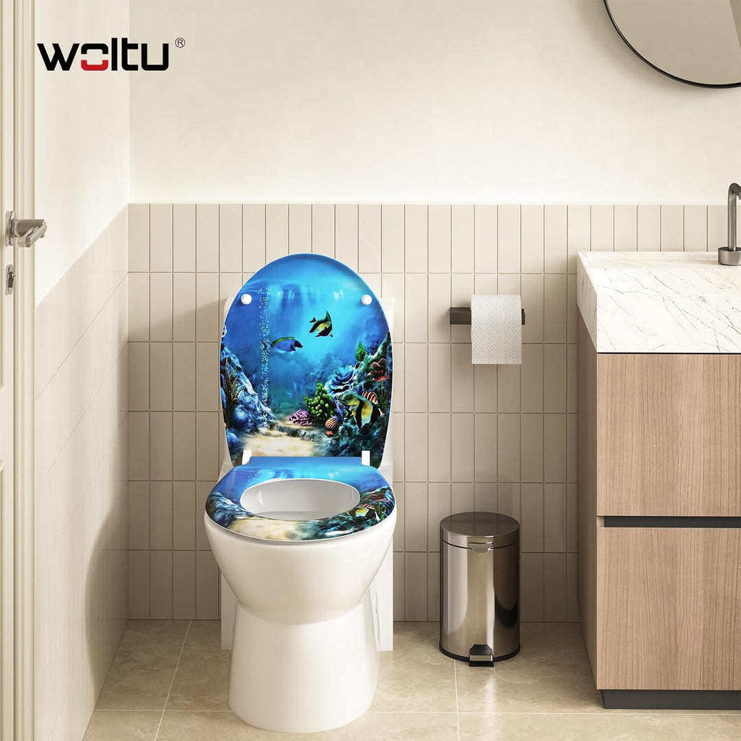 WOLTU Toilettendeckel mit Absenkautomatik Motiv, WC Sitz mit Schnellverschluss, Toilettensitz O Form