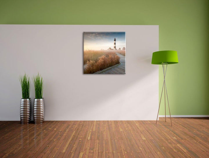 Leuchtturm im Nebel, Format: 70x70 auf Leinwand, XXL riesige Bilder fertig gerahmt mit Keilrahmen, K