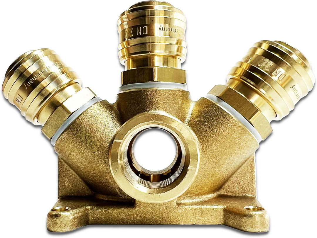 Druckluftverteiler Wanddose Druckluftweiche aus Messing mit 2 x 1/2" Eingangsgewinde und 3 x Kupplun