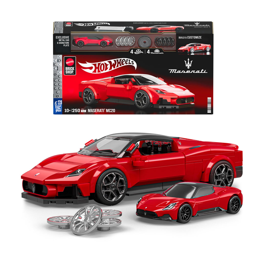 Mattel Brick Shop Hot Wheels Speed Serie Bauset, Maserati MC20 mit 250 Teilen, realistischen Detail