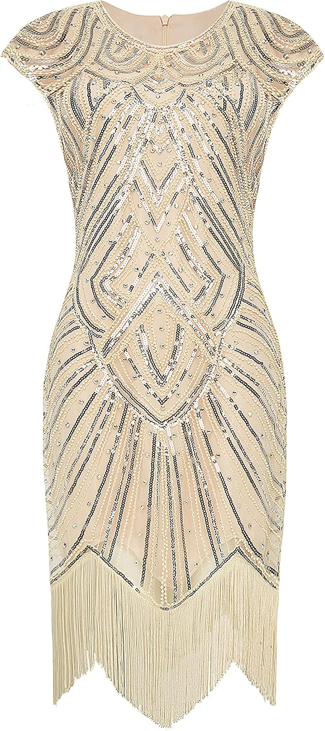 BABEYOND Damen Kleid voller Pailletten 20er Stil Runder Ausschnitt Inspiriert von Great Gatsby Kostü