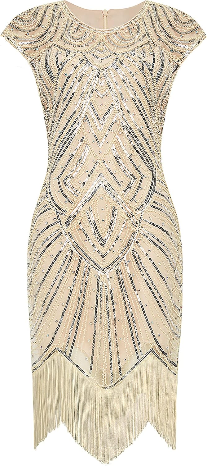 BABEYOND Damen Kleid voller Pailletten 20er Stil Runder Ausschnitt Inspiriert von Great Gatsby Kostü