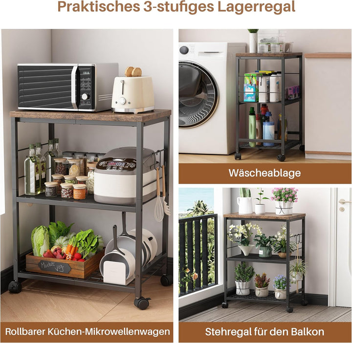 Metall Küchenregal mit Arbeitsplatte, 3 Ebenen Servierwagen mit Rollen für Mini-Backofen, Mikrowelle