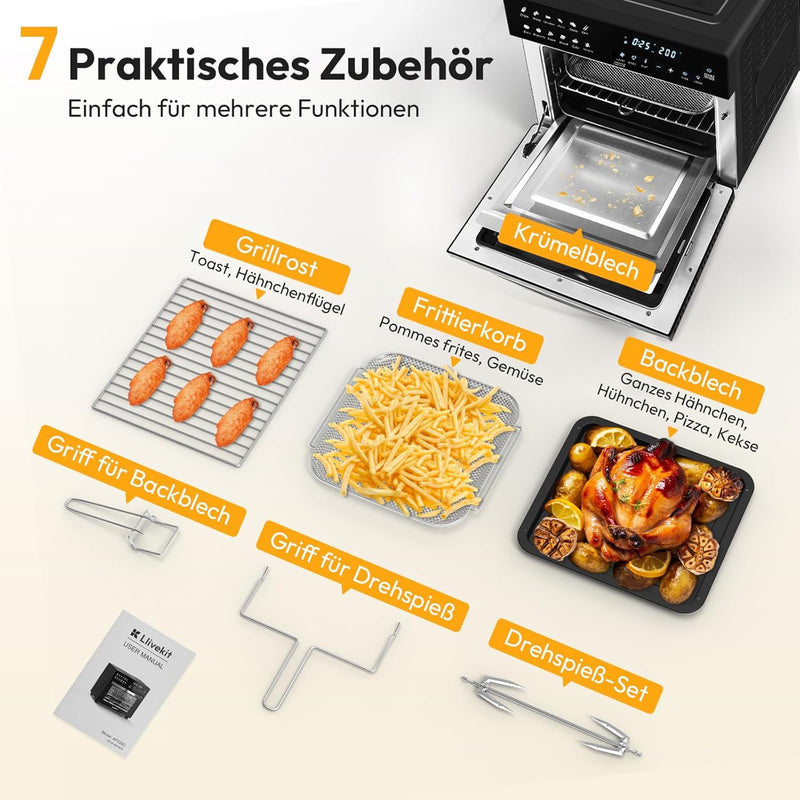 LLIVEKIT Heissluftfritteuse Minibackofen 26L, 1700W Airfryer XXL mit 12 Programmen und Rezeptbuch, H