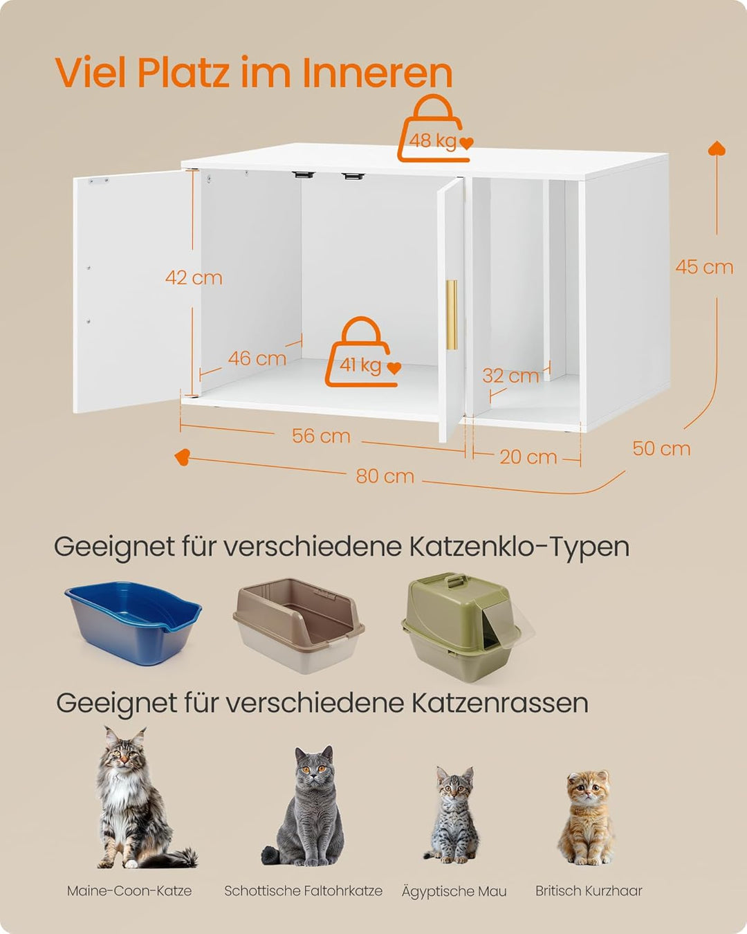 Feandrea Katzenhaus, Katzenklo-Schrank mit herausnehmbarer Trennwand, Tisch, 80 x 50 x 45 cm, weiss