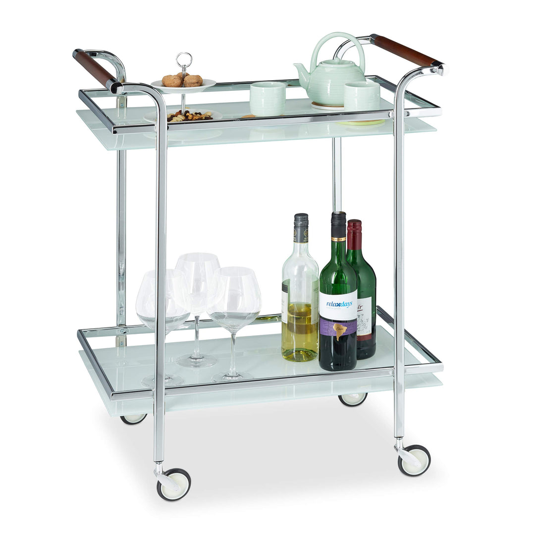 Relaxdays Servierwagen Milchglas, Servicewagen, Teewagen, mit 2 Ablagen, offen, Deluxe Rollen, HBT 8