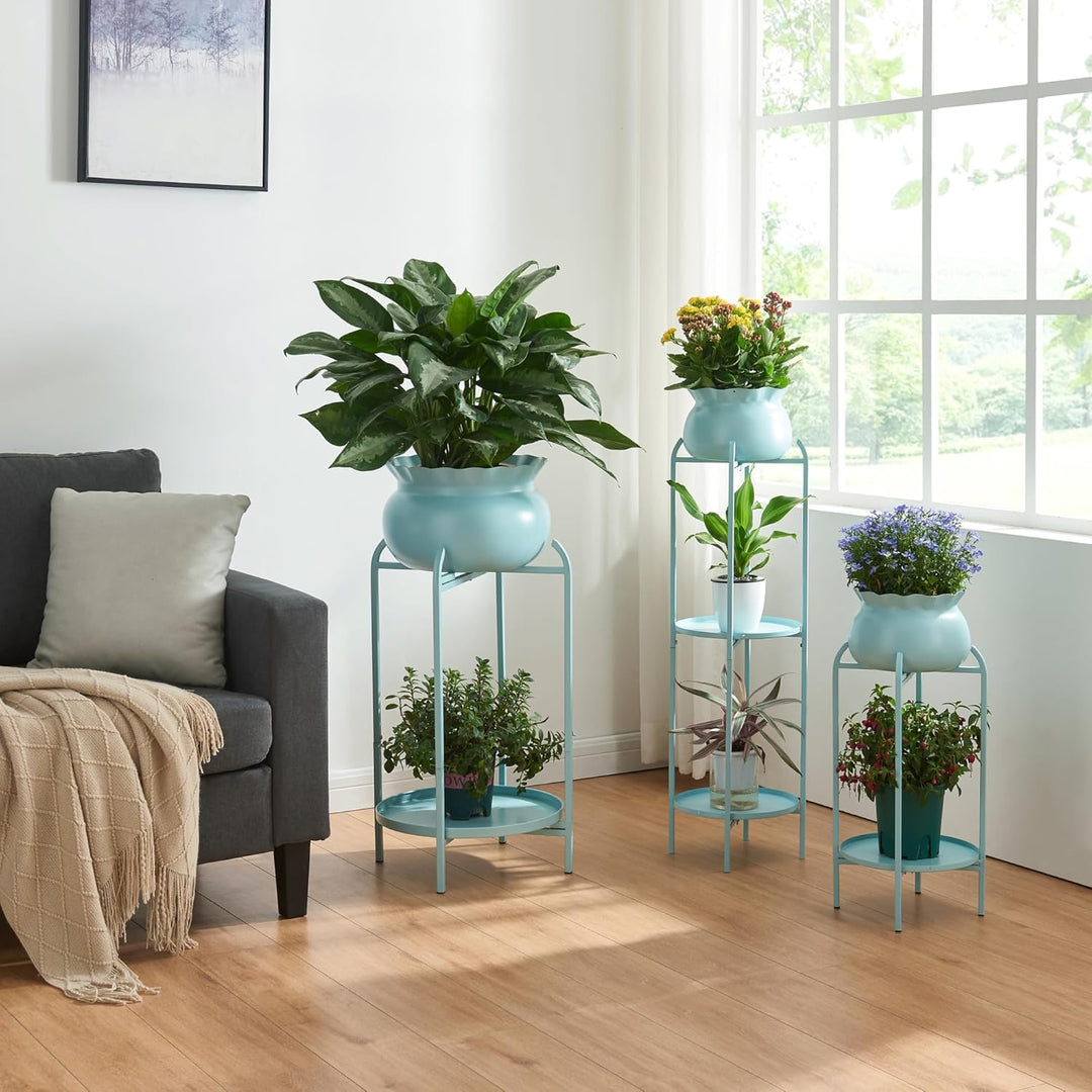 [en.casa] Blumenständer Altena Pflanzenständer mit Blumentopf und 2 Ablagen Metall Hellblau Pflanzen