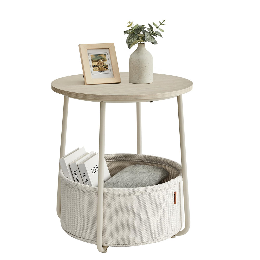 VASAGLE Beistelltisch rund, Kleiner Tisch, Couchtisch klein, Wohnzimmertisch mit Korb aus Stoff, Sta