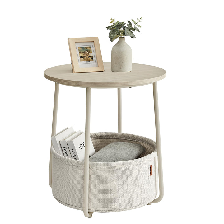 VASAGLE Beistelltisch rund, Kleiner Tisch, Couchtisch klein, Wohnzimmertisch mit Korb aus Stoff, Sta