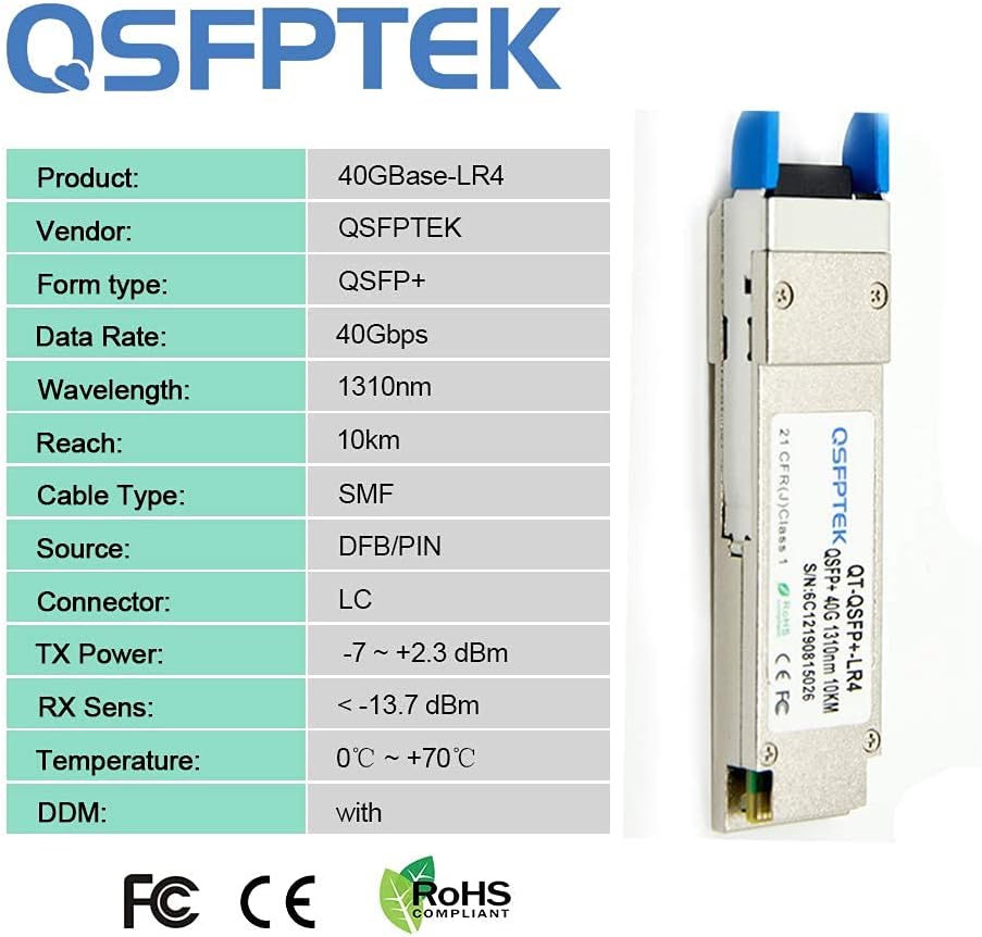 QSFPTEK 40G QSFP+ Module LC Single-Mode Transceiver 40GBASE-LR4 for Cisco QSFP-40G-LR4 (1310nm, 10km