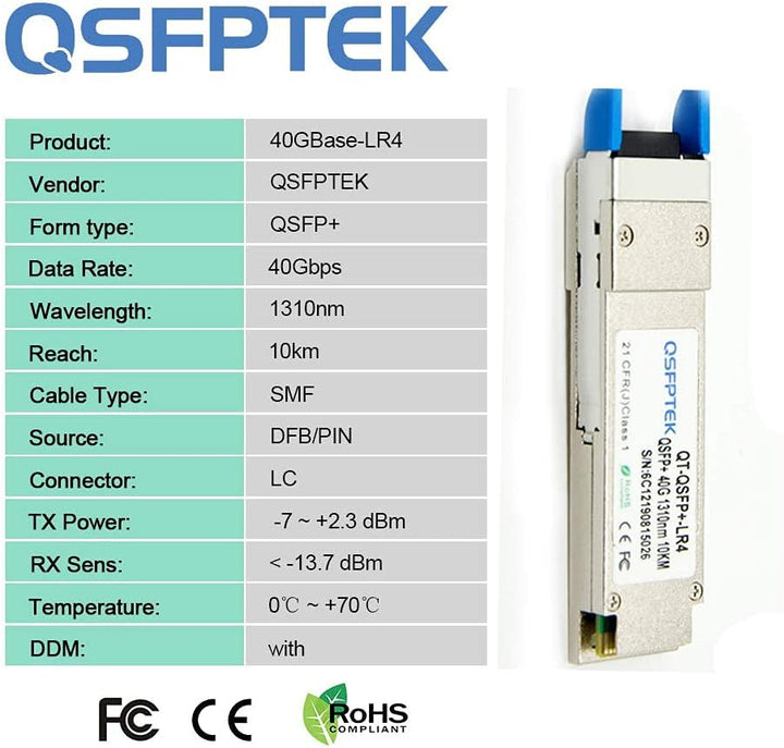 QSFPTEK 40G QSFP+ Module LC Single-Mode Transceiver 40GBASE-LR4 for Cisco QSFP-40G-LR4 (1310nm, 10km