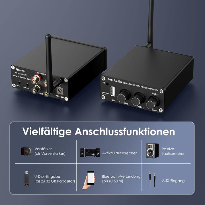 Fosi Audio BL20A Bluetooth 5.0 Heim-Audio-Stereo-Verstärker Mini Hi-Fi Klasse D Integrierter Verstär