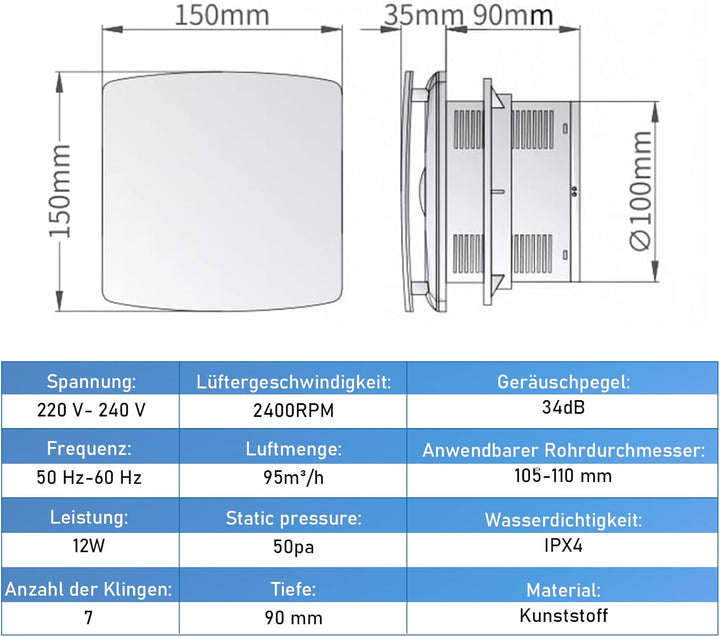 Badlüfter 100mm mit Nachlauf, ≤34db Leiser und Leistungsstarker Abluftventilator, 12W 2400U/min IPX4