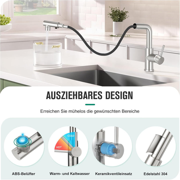 CREA Wasserhahn Küche mit 3 Funktionen Brause,360° Drehbar Hochdruck Einhebelmischer Mischbatterie S