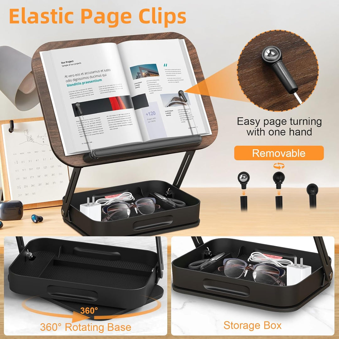 JNUYISW Buchständer Holz, Verstellbarer Buchhalter Leseständer zum Lesen mit 360° Drehbare Basis Fal