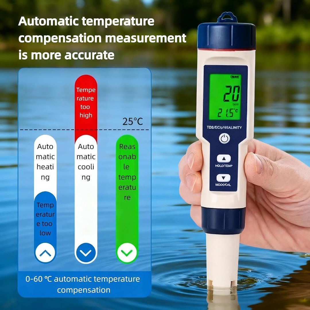 5 in 1 pH Messgerät Wasserqualität Tester – PH EC TDS Salzgehalt Temperatur Messgerät mit ATC, LCD H