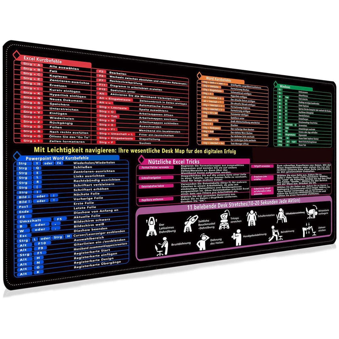 XL Mauspad Deutsch 80×30×0,3 cm, Hochwertige Schreibtischunterlage für Excel, Word, PPT und Windows