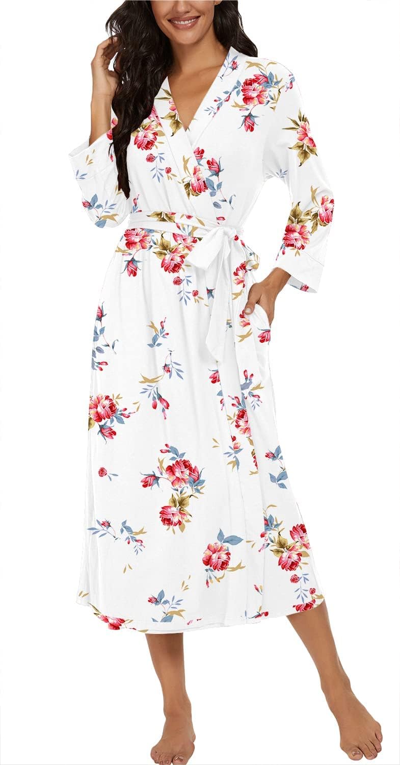 PrinStory Damen Bademantel Leichter 3/4 Ärmeln Morgenmantel V-Ausschnitt Kimono Roben Langes Nachtwä