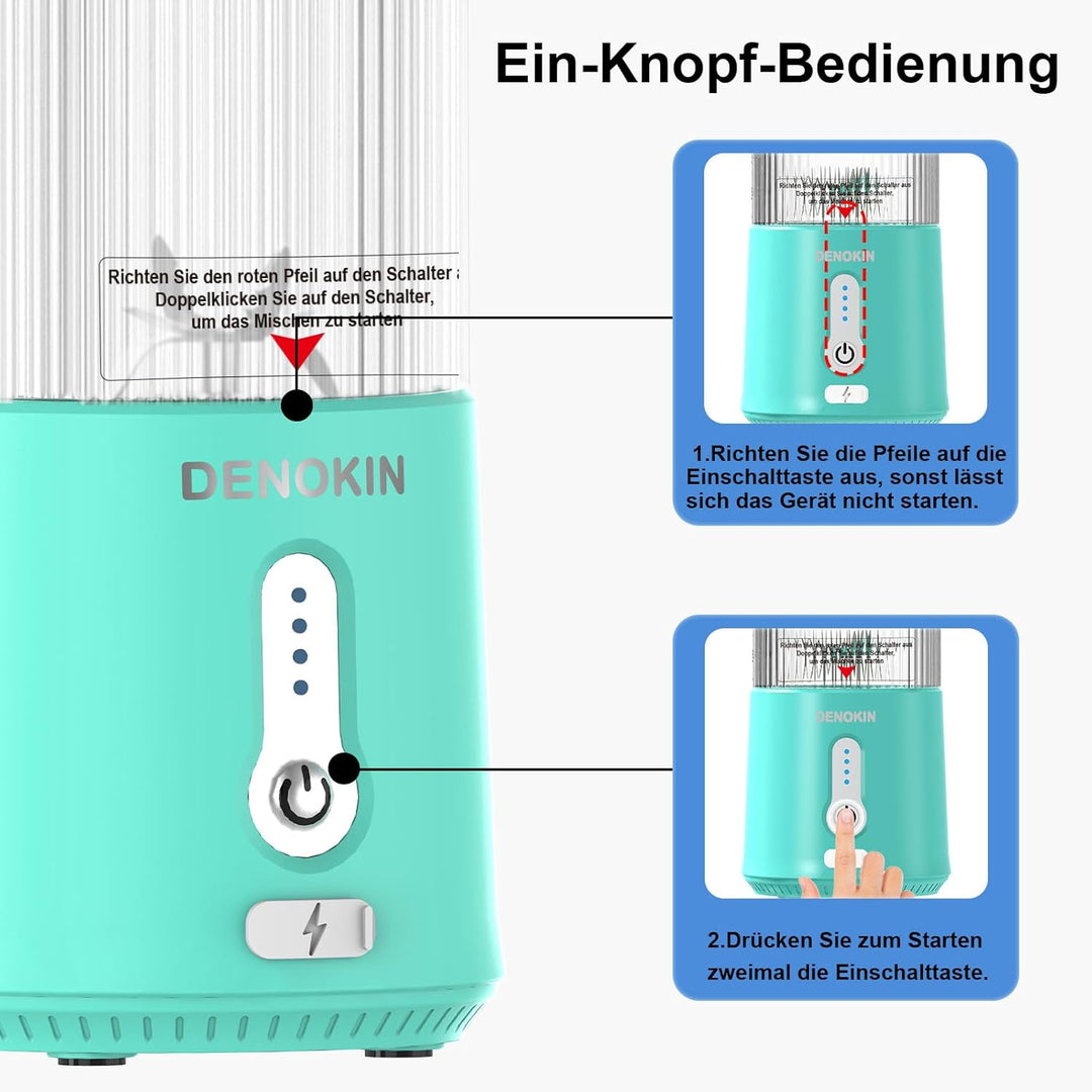 DENOKIN Tragbarer Mixer to Go/Blender/Smoothie Maker, 450ml Becher, Kabellos & USB-C Wiederaufladbar