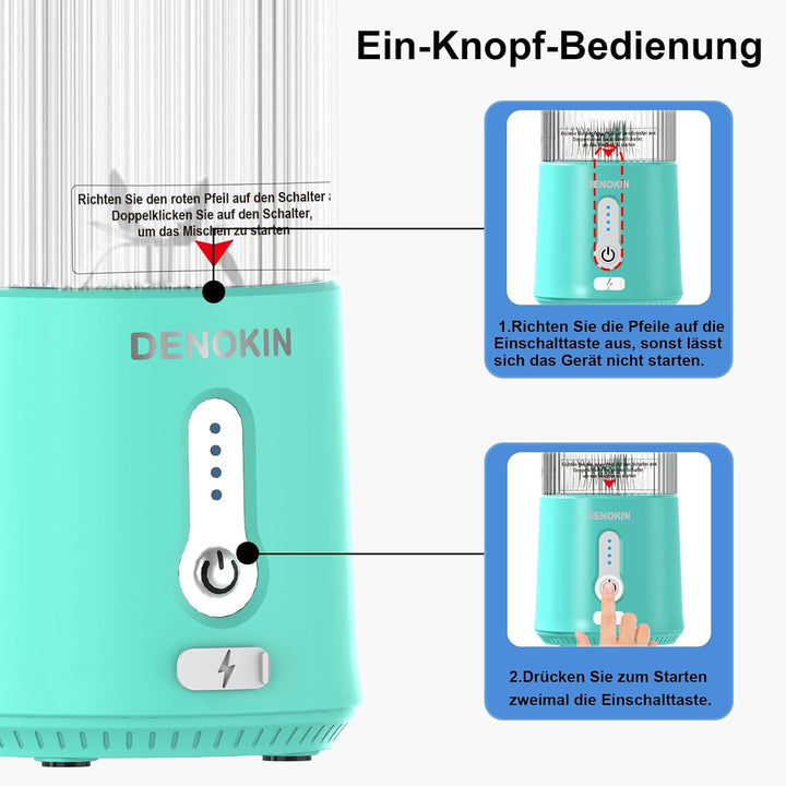 DENOKIN Tragbarer Mixer to Go/Blender/Smoothie Maker, 450ml Becher, Kabellos & USB-C Wiederaufladbar