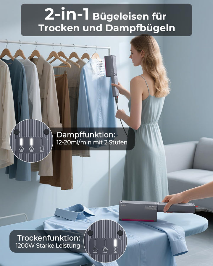 Steamer Dampfglätter (110-240V), 2-in-1 Dual Spannung Reise Dampfglätter, 1200W, 15s Schnellaufheizu