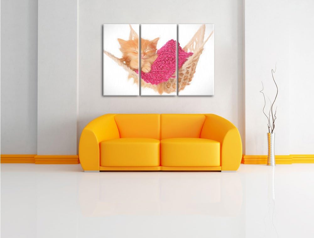 Pixxprint Schlafendes Katzenbaby in Hängematte Bunstift Effekt 3-Teiler Leinwandbild 120x80 Bild auf