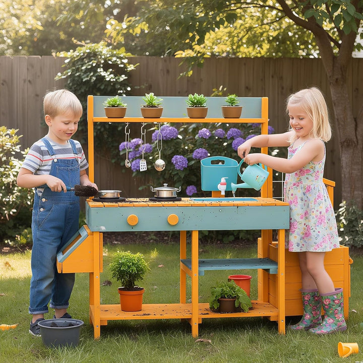 HOMASIS Matschküche Kinder Outdoor, Kinderküche mit Wassertank Spülen Herd, Holz Gartenküche mit Pfl