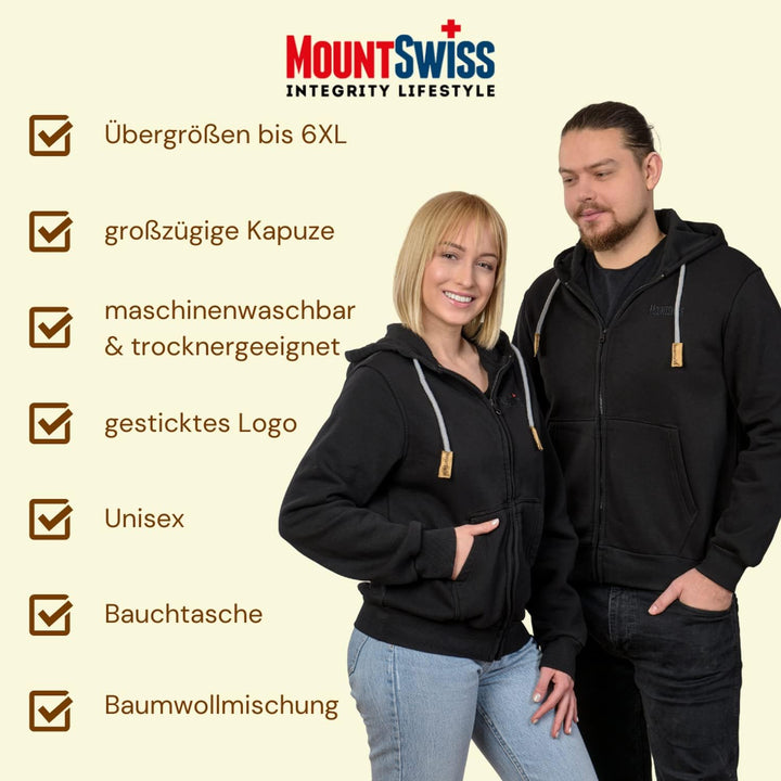 Mount Swiss Herren Damen Sweatjacke Kapuzenjacke Hoodie Leon, Langarm mit Kapuze und Reissverschluss