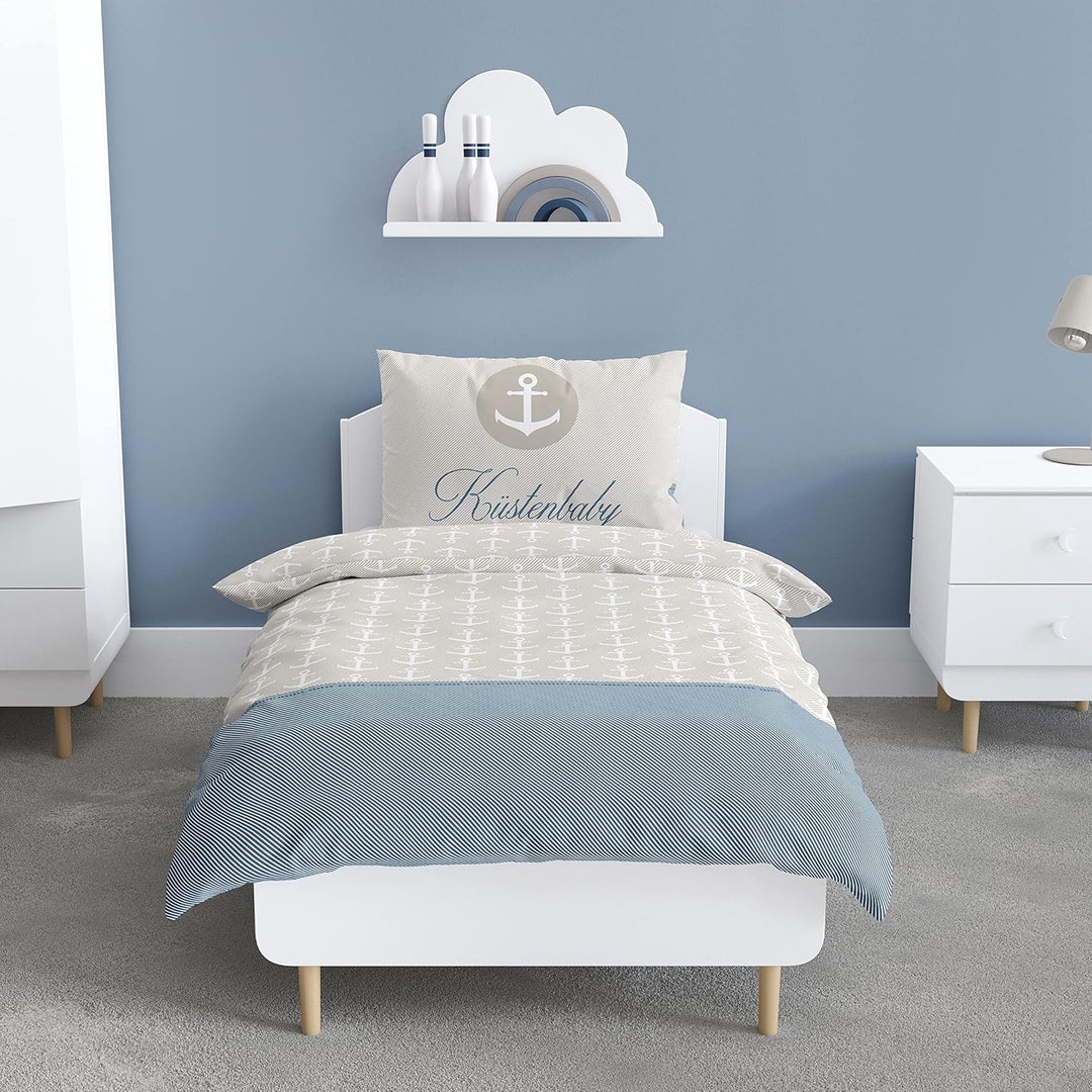 Anker Kinder-Bettwäsche 100x135 + 40x60 cm, Küstenbaby Maritime Babybettwäsche, Kleinkinderbettwäsch