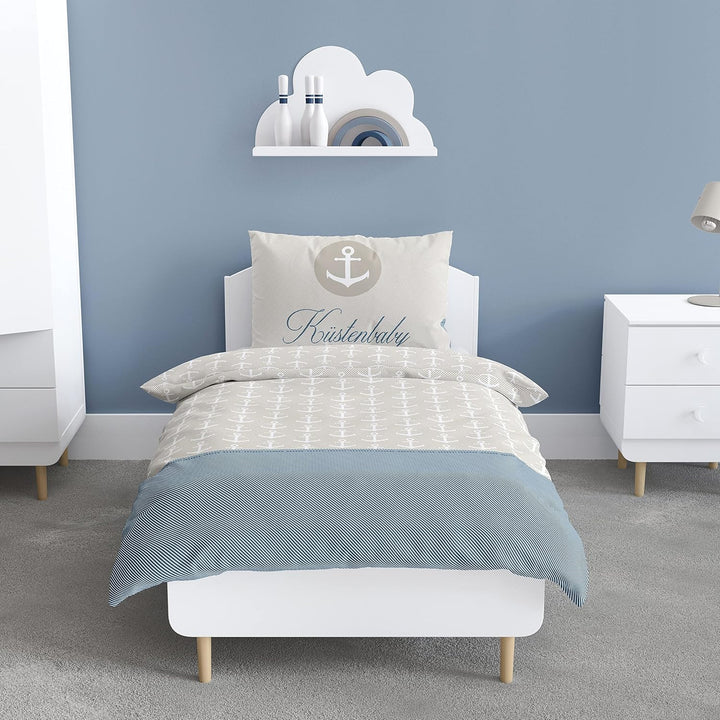 Anker Kinder-Bettwäsche 100x135 + 40x60 cm, Küstenbaby Maritime Babybettwäsche, Kleinkinderbettwäsch