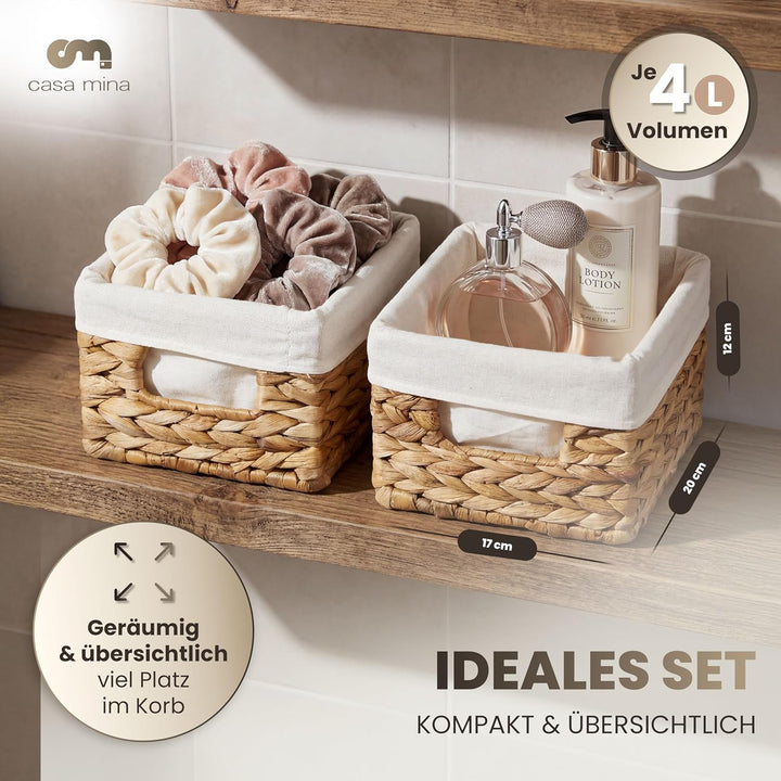 Casa Mina Korb Aufbewahrung 2er Set L20xW17xH12cm 100% natürlich aus Wasserhyazinthe I Dekorative Ba