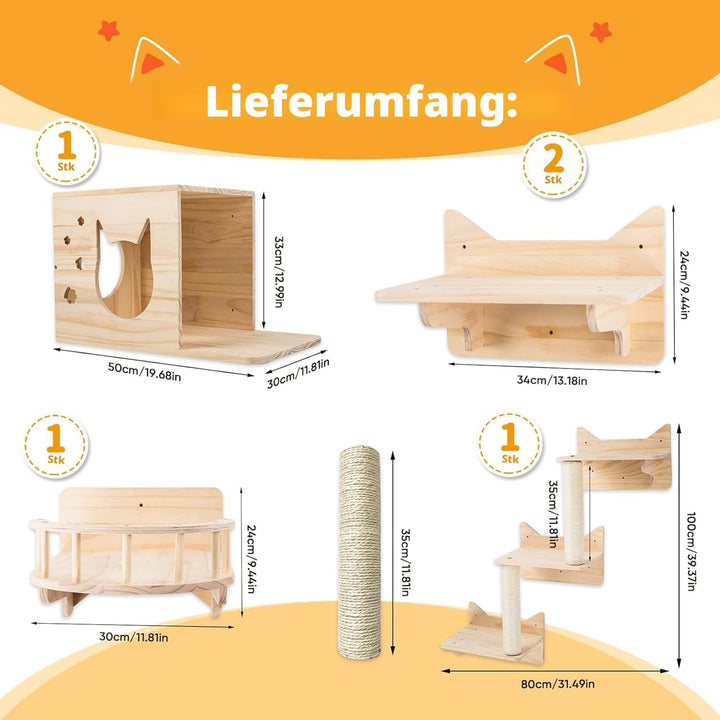 LADVATKIN Katzen Wandregale, Katzenwandmöbel Set, Katzenregale und Sitzstangen für Wand, Kletterrega