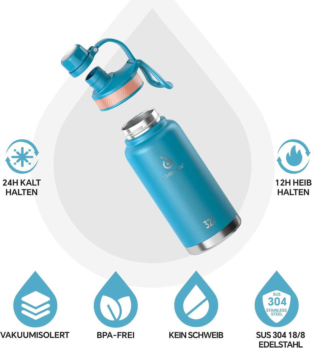 IDEUS Vakuumisolierte Wasserflasche, 32oz (950 ml) Edelstahl Doppelwand Flasche Metall Sport Kantine