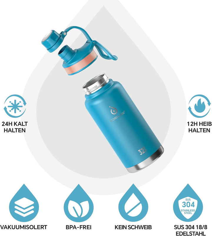 IDEUS Vakuumisolierte Wasserflasche, 32oz (950 ml) Edelstahl Doppelwand Flasche Metall Sport Kantine