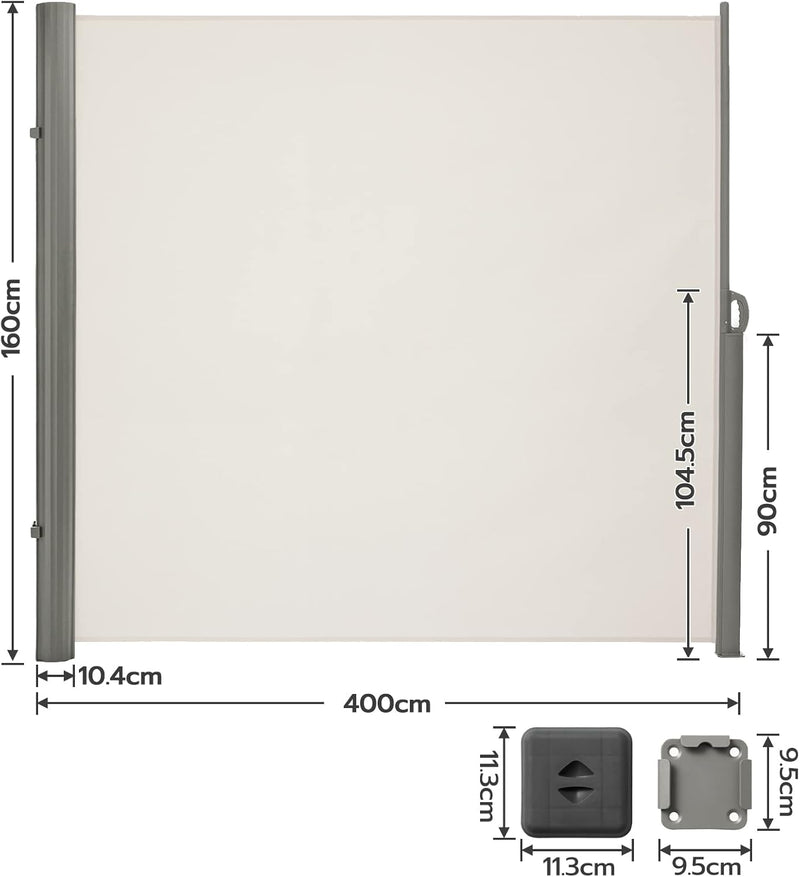 LARMNEE Alu-Seitenmarkise, ausziehbar, 160 x 400 cm, Sichtschutz, Sonnenschutz, Blickdicht, Seitenro