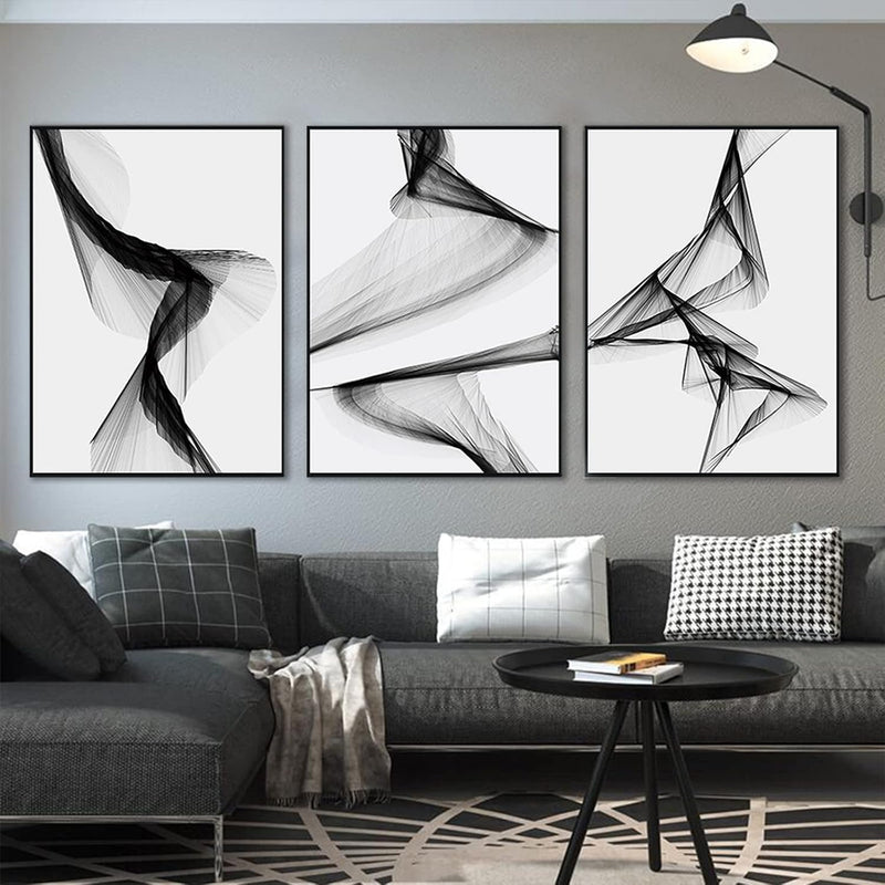 MENAYODA Leinwand Wandkunst Malerei, 3er Set Ohne Rahmen Abstrakte Linie Schwarz Weiss Kunst Wandkun