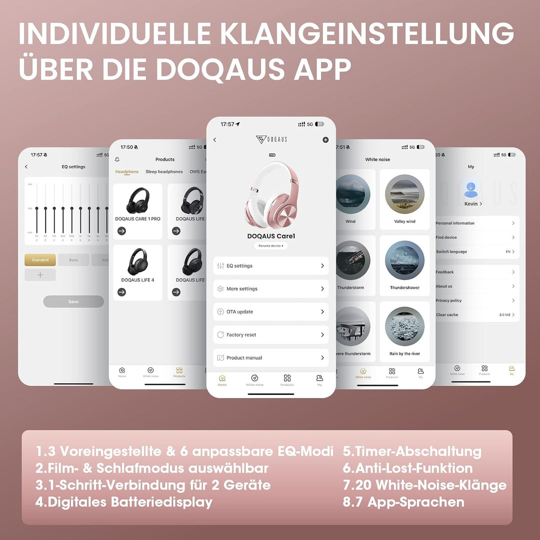 DOQAUS Bluetooth Kopfhörer Over Ear, Bis zu 90 Std Kabellose Kopfhörer mit 3 EQ-Modi, HiFi Stereo Fa