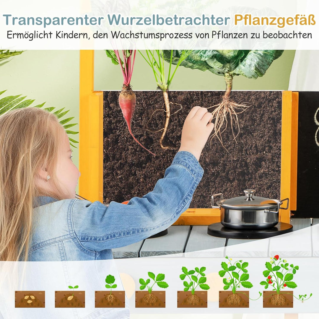 COSTWAY Matschküche Kinder Outdoor, Kinderküche Tannenholz mit Pflanzbehälter & 2 Kreidetafeln & Was