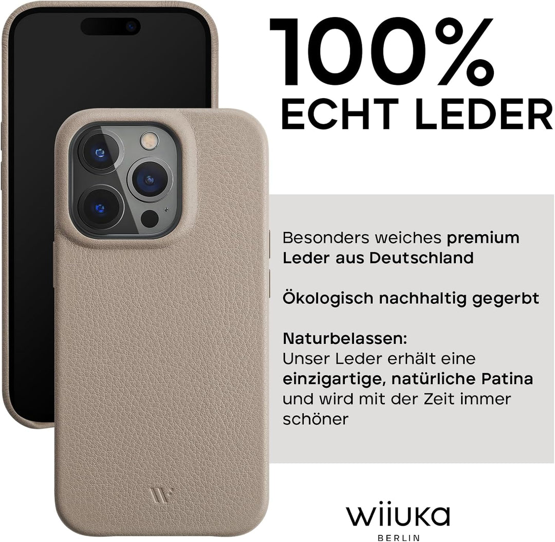 WIIUKA Hülle für iPhone 15 Pro Max, Leder aus Deutschland, Lederhülle extra Dünn, Premium Handyhülle