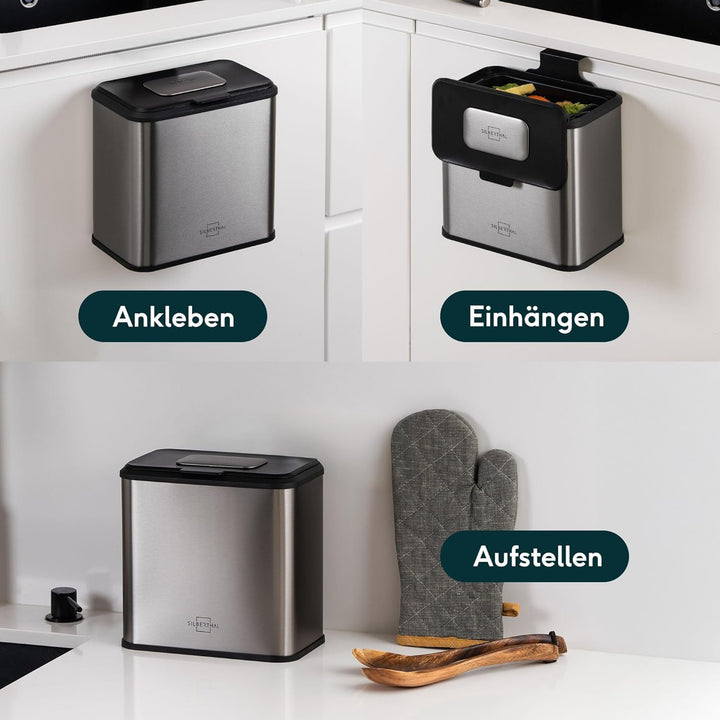 SILBERTHAL Biomülleimer Küche 4L – Edelstahl – Mit Deckel – Geruchsarmer Komposteimer für die Küche