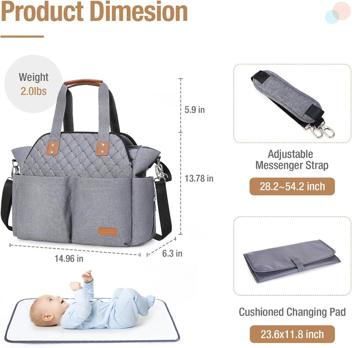 Lekebaby Baby Wickeltasche Bote gross mit Wickelunterlage für Reise, Grau Gesteppt, Grau Gesteppt
