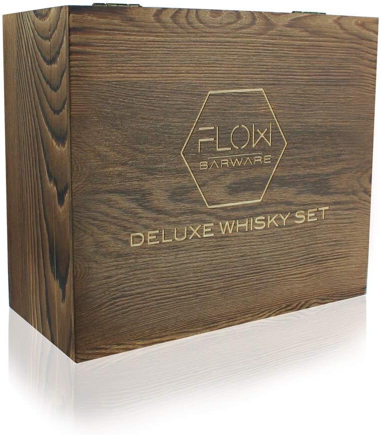 Flow Barware Deluxe Whiskygläser und Whiskysteine, in Geschenkbox aus Holz, italienisches Vintage-Kr