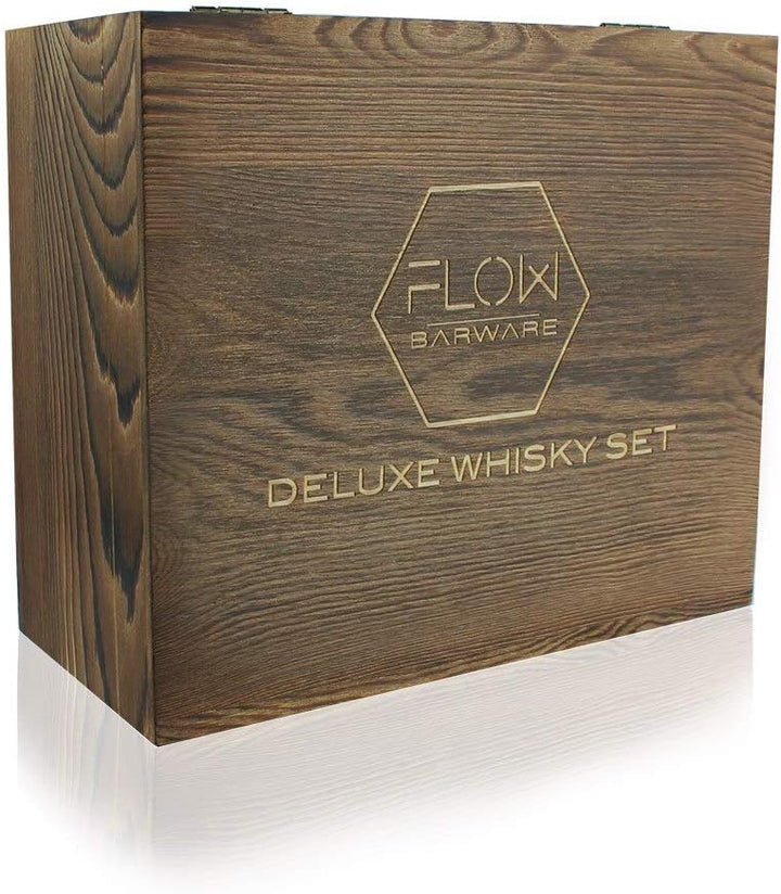 Flow Barware Deluxe Whiskygläser und Whiskysteine, in Geschenkbox aus Holz, italienisches Vintage-Kr