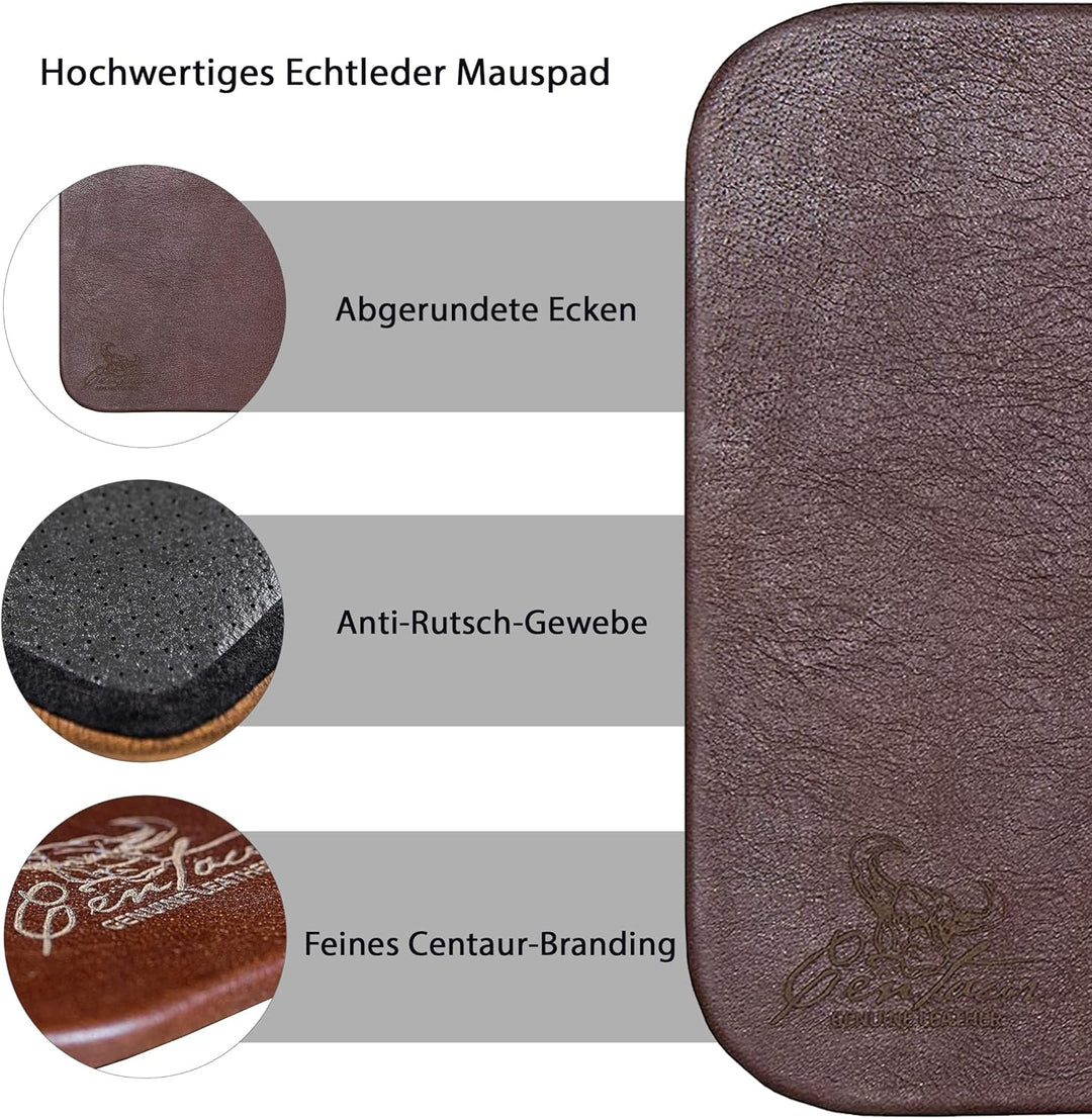 Centaur - Hochwertiges Leder Mousepad 25x18 cm nussbraun - Vintage Mauspad aus echtem Leder - Unterl