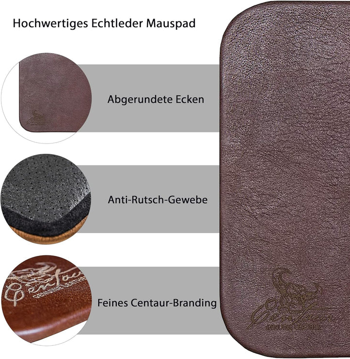Centaur - Hochwertiges Leder Mousepad 25x18 cm nussbraun - Vintage Mauspad aus echtem Leder - Unterl